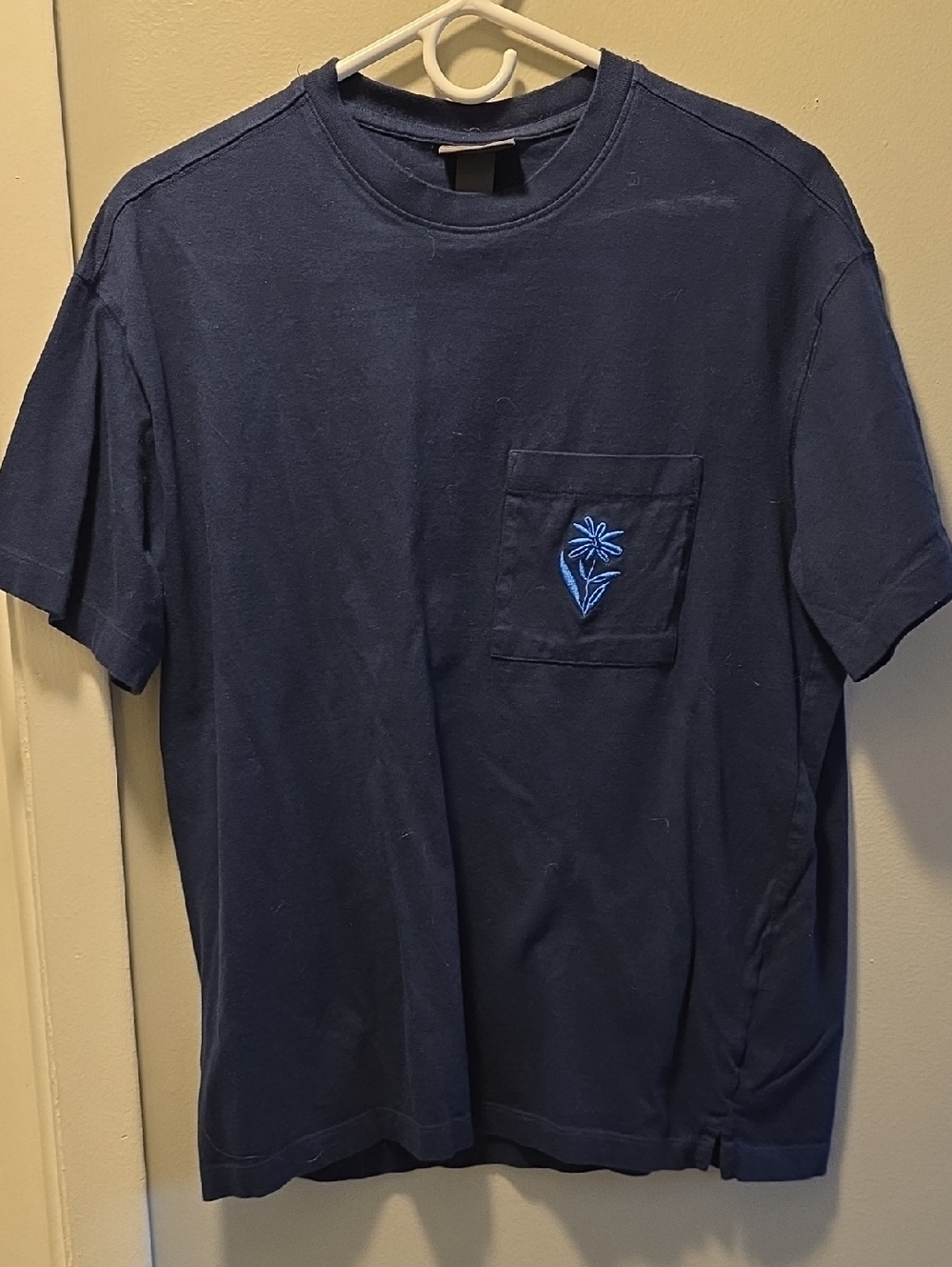 H&M Navy Short Sleeve Pocket Tee with Blue Embroidered Flower
